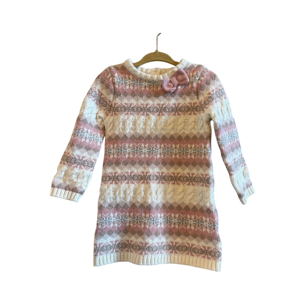 Rachel Zoe Baby Girls Pink LS Fair Isle Cable Knit Sweater Dress w/Bow Size 18M